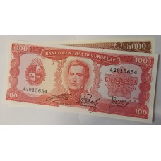 URUGUAY 1967 . ONE HUNDRED 100 and FIVE THOUSAND 5,000 PESOS BANKNOTES